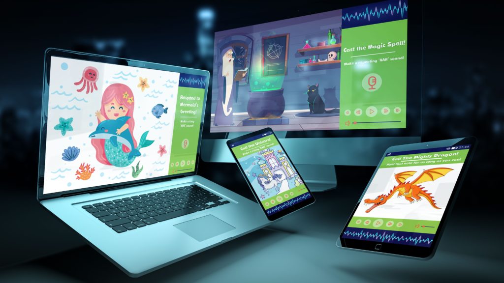 Computer, phone and tablet screens show images of characters from the Amplify app. 