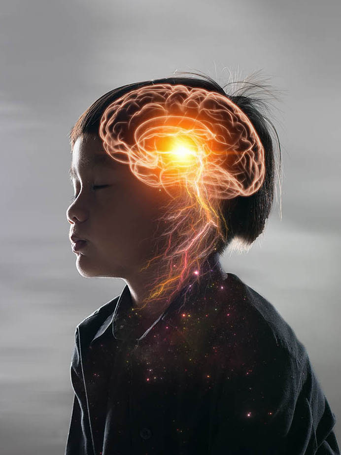 child with brain model abstractly superimposed