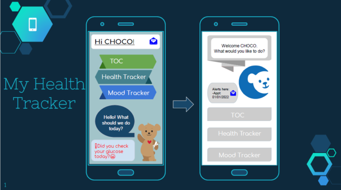 Two phone outline depict sample images for an app to help CHOC patients transition to adult care