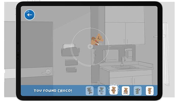 Graphic depicting how patients can can search for hidden Chocos in the MRI with Choco AR app