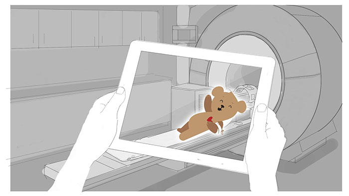 graphic showing Choco with an MRI machine as part of the MRI with Choco AR app 