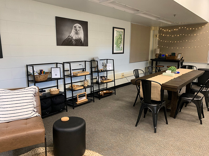 Interior of classroom set up as a cozy space to promote wellness 