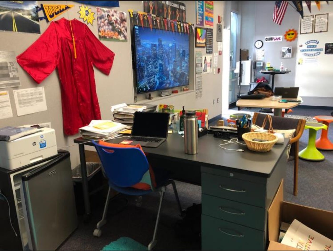teacher's cluttered classroom