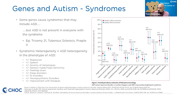 Zoom conference screenshot, Dr. Tom Megerian and slide for genetic causes for ASD 