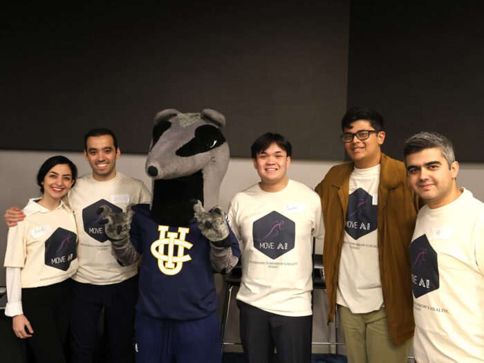 Members of the MoveAI team posing with UCI's anteater mascot - winners of the UCI AI innovation challenge 